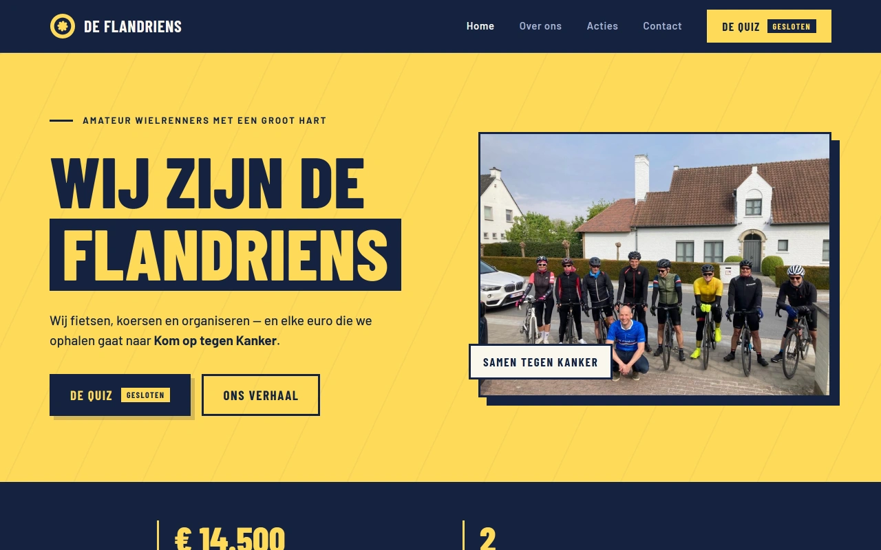 Screenshot of the deflandriens.com homepage — the De Flandriens cycling team site in their yellow branding, showing the events they raise money with.